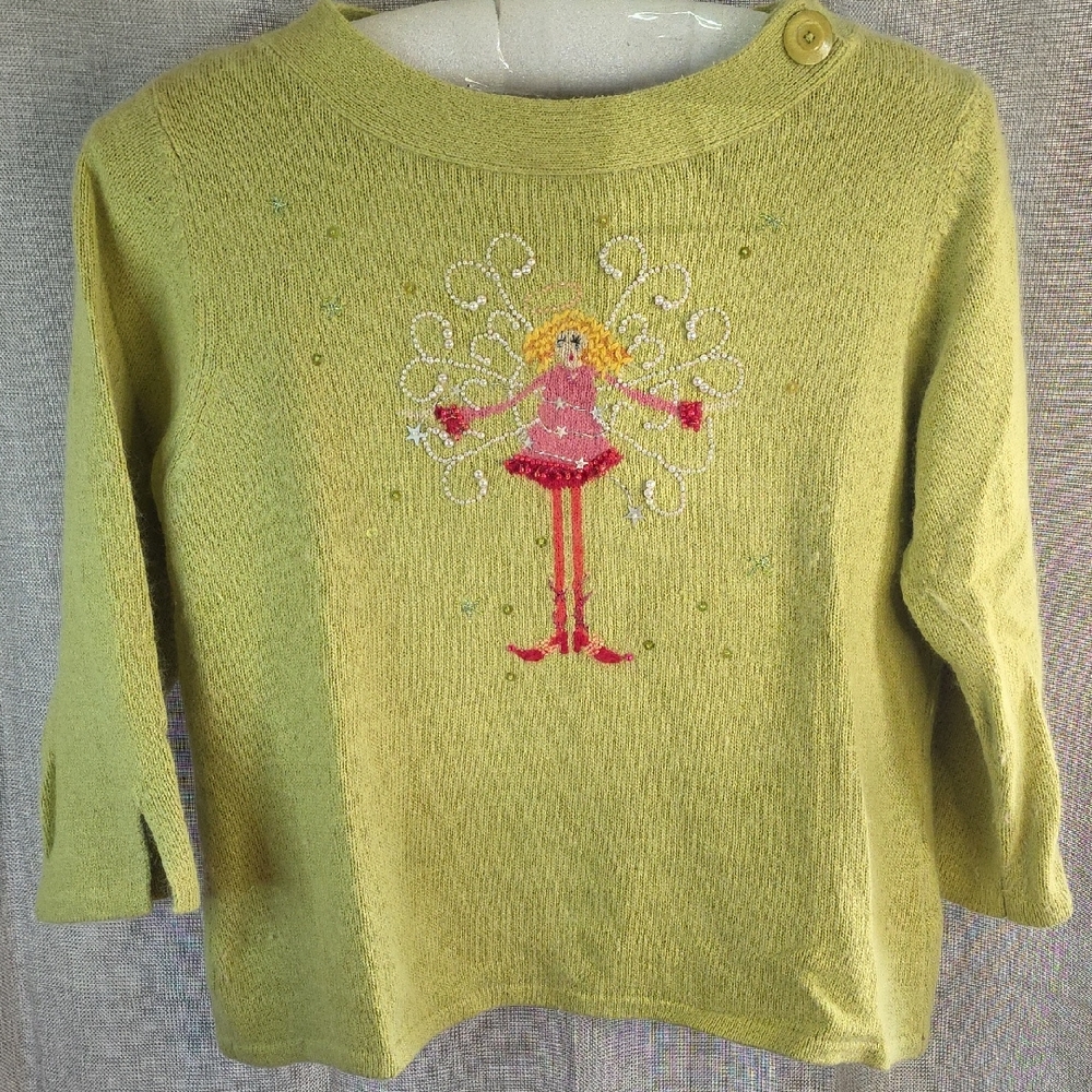 Susan Bristol Light Green Sweater with Whimsical Embroidery Women's size PL P1-1